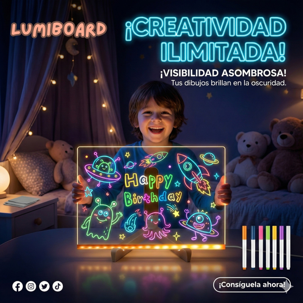 LumiBoard - Pizarra Led Magica (Incluye 7 Plumones de colores y paño de limpieza GRATIS!)